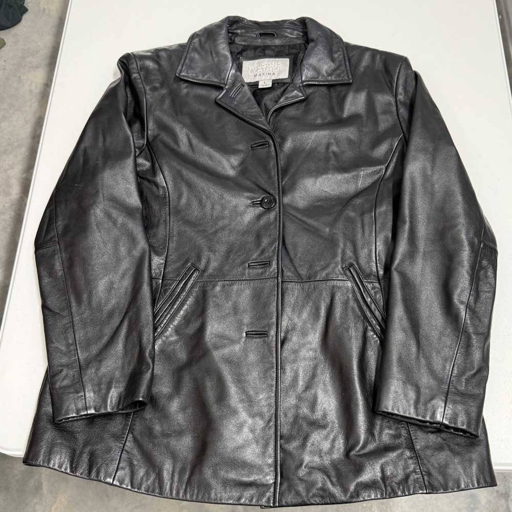 Wilsons Leather Maxima Jacket Womens L Black Excellent Mid Length Button Front